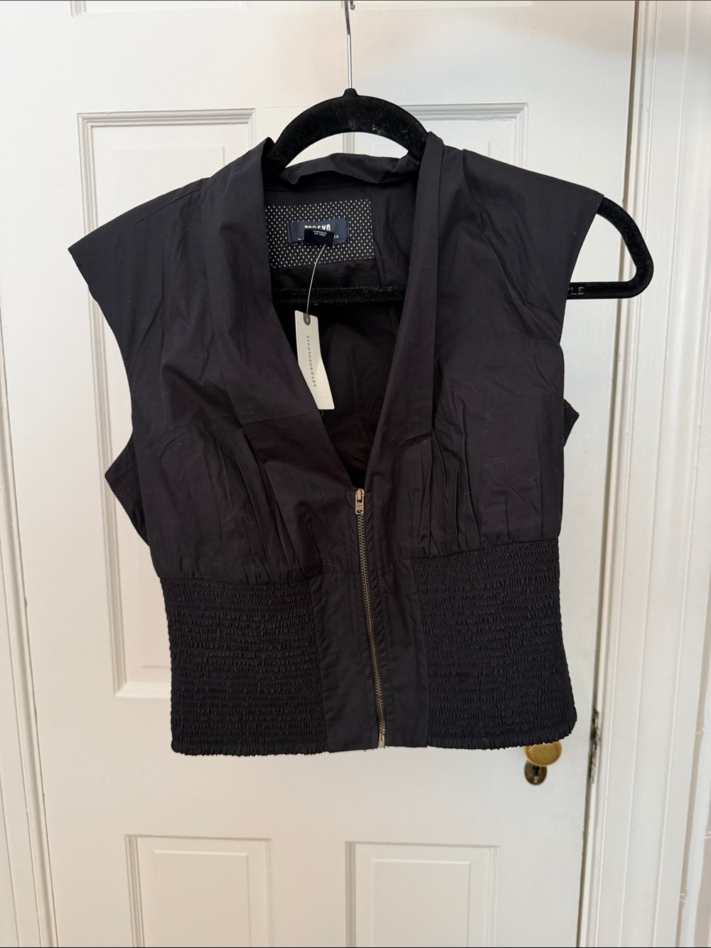 Anthropologie Black Sleeveless Zip-Front Smocked-Waist Vest